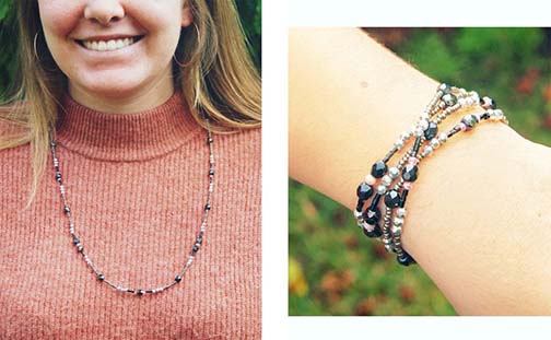 Two pictures of a woman wearing a necklace and bracelet.