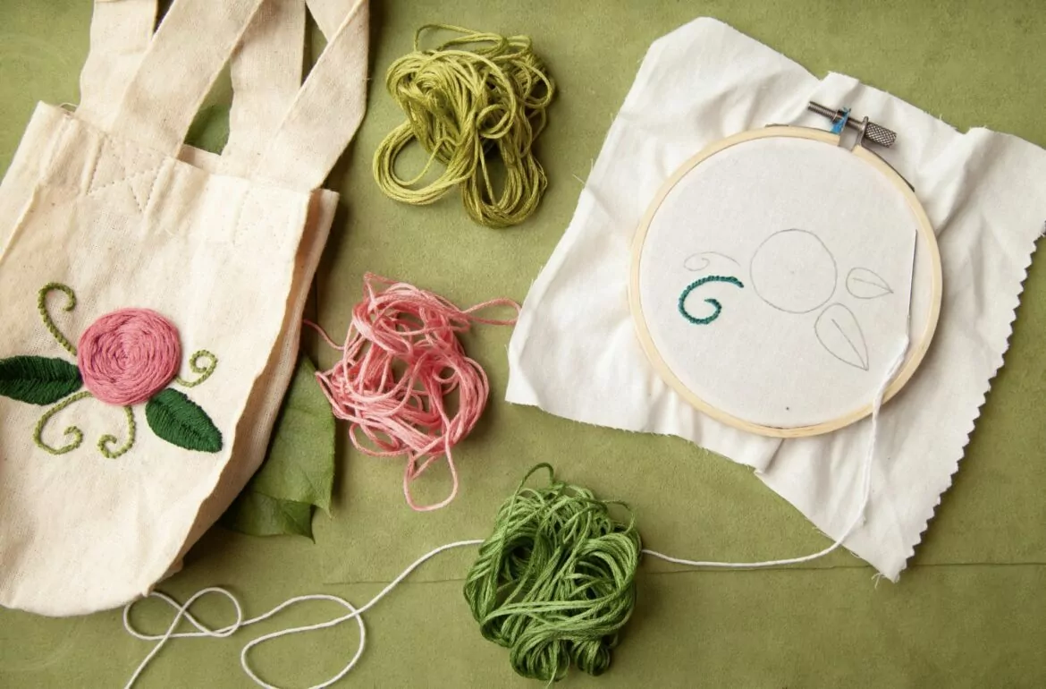 A tote bag with embroidery hoop and embroidery thread.