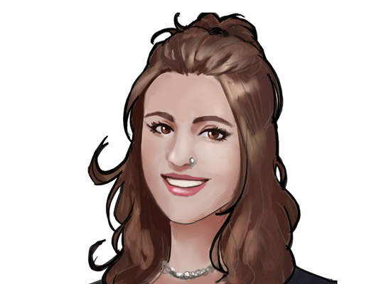 A cartoon of a woman with brown hair.