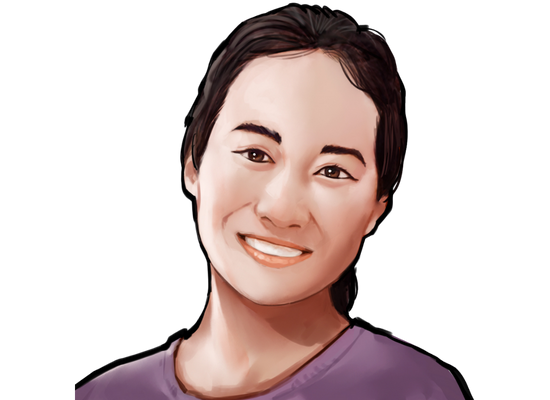 A cartoon of a smiling woman in a purple shirt.