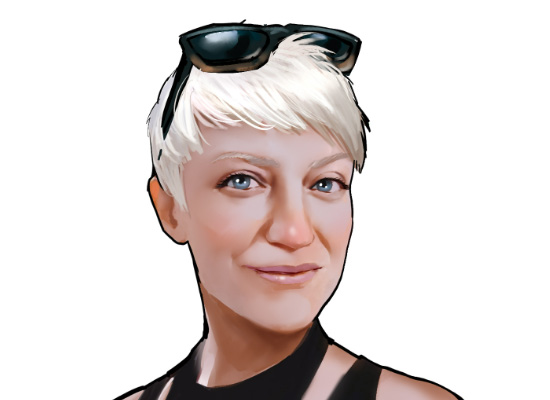A cartoon of a woman with blonde hair and sunglasses.
