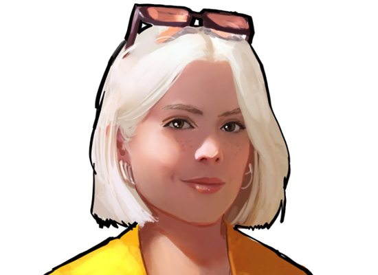 A cartoon of a blonde woman wearing sunglasses.