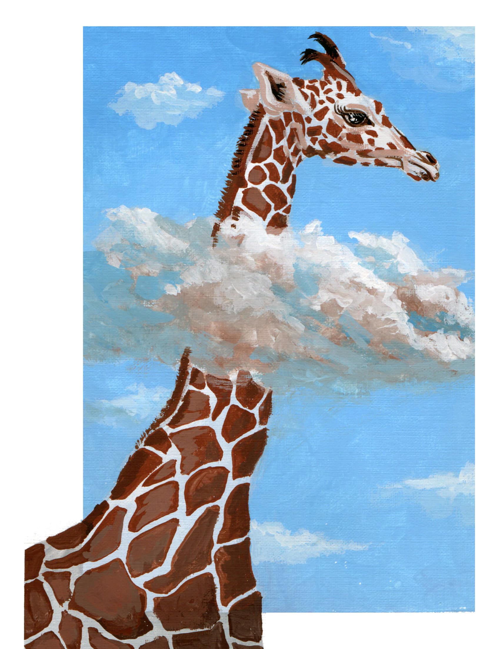 A painting of a giraffe with clouds in the sky.