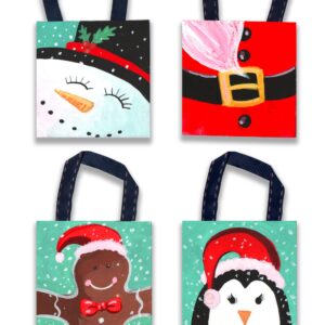 Four santa claus gift bags with a penguin and a snowman.