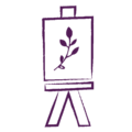 A purple easel with a plant on it.